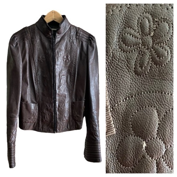 Elie Tahari Brown Floral Embroidered Embellished Leather Moto Jacket - Picture 1 of 16